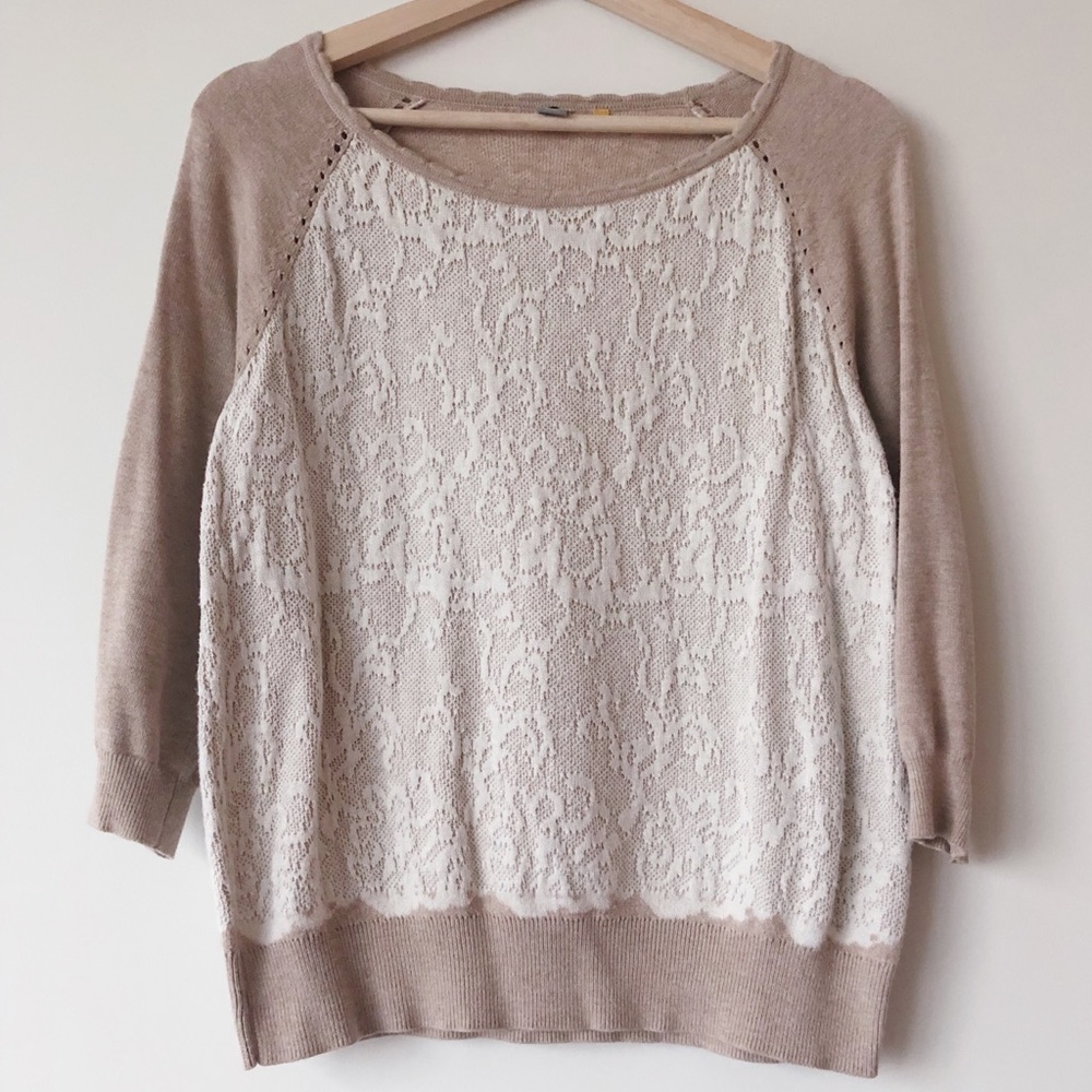 Anthropologie Beige Lace Crew Neck Knit Sweater M